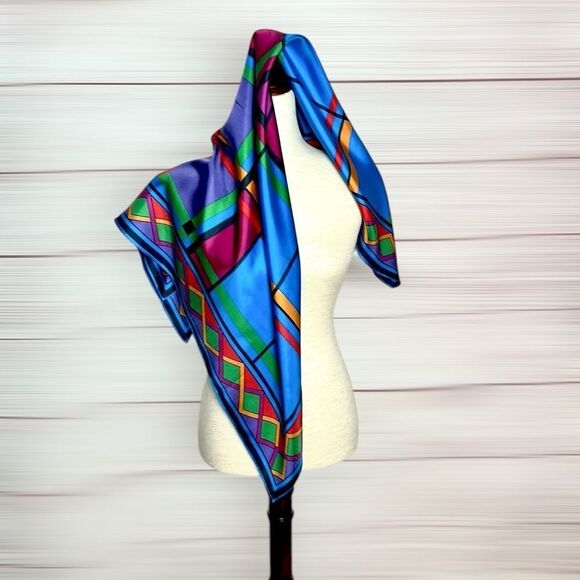 Linda Allard Ellen Tracy Silk Square Scarf Bright Colors Geometric Print Japan - Picture 6 of 11